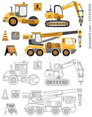 Vector illustration of hand drawn construction vehicles with construction signs. Coloring book or page Vector illustration of hand drawn construction vehicles with construction signs. Coloring book or page 141919664