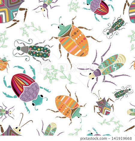 Seamless pattern vector of hand drawn beetles and leaves with colorful ornaments 141919668