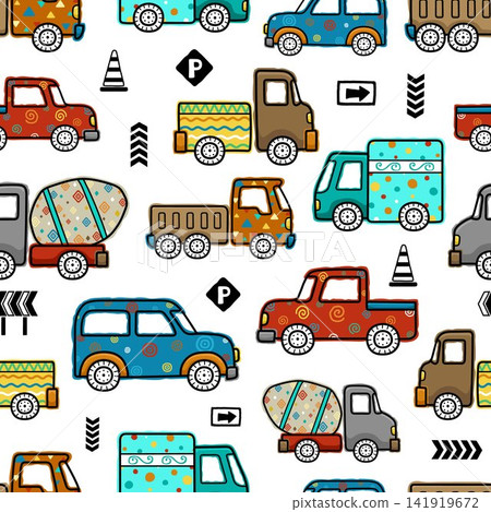 Seamless pattern vector of hand drawn cars with road signs in colorful ornaments Seamless pattern vector of hand drawn cars with road signs in colorful ornaments 141919672
