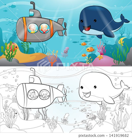 Cartoon of kids in submarine with cute whale undersea, marine life elements. Coloring book or page Cartoon of kids in submarine with cute whale undersea, marine life elements. Coloring book or page 141919682