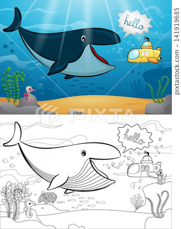 Cartoon of big sperm whale with little submarine underwater. Coloring book or page Cartoon of big sperm whale with little submarine underwater. Coloring book or page 141919685