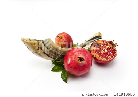 Shofar, apples, pomegranates symbolizing rosh hashanah holiday Shofar, apples, pomegranates symbolizing rosh hashanah holiday 141919699