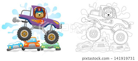 Hand drawn cartoon of lion on monster truck crushing small vehicles, coloring book Hand drawn cartoon of lion on monster truck crushing small vehicles, coloring book 141919731
