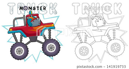 Hand drawn of funny rhino cartoon on monster truck, coloring book or page Hand drawn of funny rhino cartoon on monster truck, coloring book or page 141919733