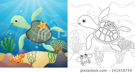 Cartoon of turtle with starfish and crab underwater, coloring book or page Cartoon of turtle with starfish and crab underwater, coloring book or page 141919739