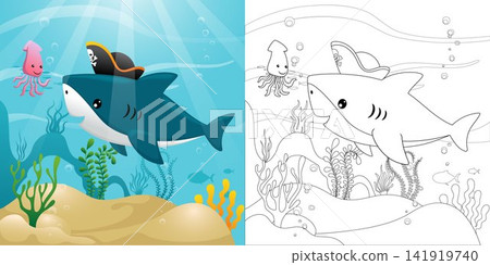 Funny shark cartoon wearing pirate hat with squid undersea, coloring book or page Funny shark cartoon wearing pirate hat with squid undersea, coloring book or page 141919740