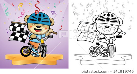 Vector illustration of cartoon bear wearing helmet biker riding bicycle while carrying finish flag Vector illustration of cartoon bear wearing helmet biker riding bicycle while carrying finish flag 141919746