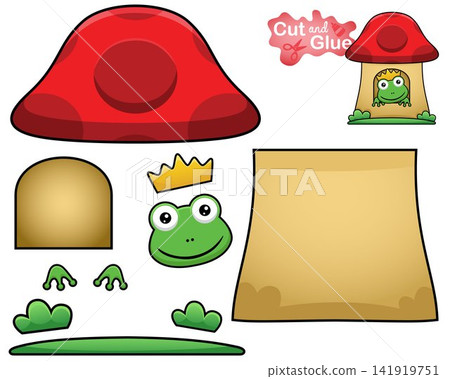 Vector illustration of cartoon frog with crown in mushroom house. Cutout and gluing Vector illustration of cartoon frog with crown in mushroom house. Cutout and gluing 141919751