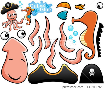 Vector illustration of cartoon squid with seahorse in pirate costume. Cutout and gluing Vector illustration of cartoon squid with seahorse in pirate costume. Cutout and gluing 141919765