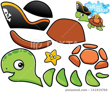 Cartoon of turtle wearing pirate hat with starfish on its back. Cutout and gluing Cartoon of turtle wearing pirate hat with starfish on its back. Cutout and gluing 141919769