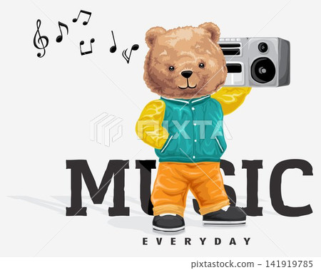 vector illustration of bear doll in hip hop style fashion carrying tape recorder on its shoulders vector illustration of bear doll in hip hop style fashion carrying tape recorder on its shoulders 141919785