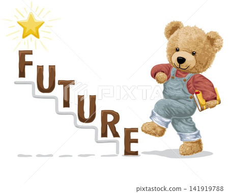 vector illustration of bear doll carrying book walking on text stairs to reach golden star vector illustration of bear doll carrying book walking on text stairs to reach golden star 141919788