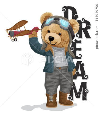 vector illustration of bear doll in pilot costume holding airplane toy vector illustration of bear doll in pilot costume holding airplane toy 141919790