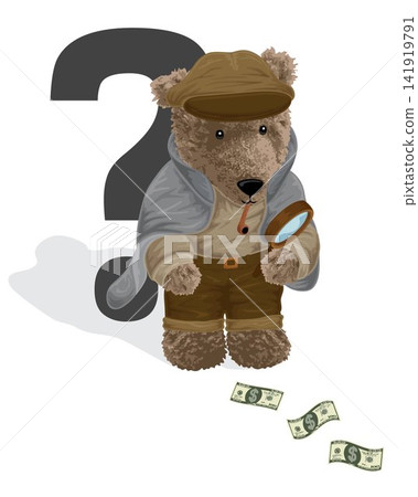 vector illustration of bear doll in detective costume holding magnifying glass with scattered money 141919791