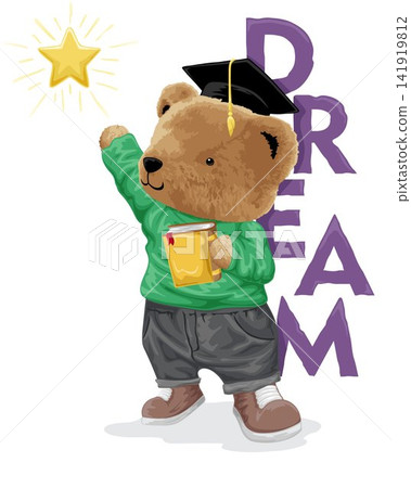 Vector illustration of bear doll wearing graduation hat holding book reaching gold star Vector illustration of bear doll wearing graduation hat holding book reaching gold star 141919812