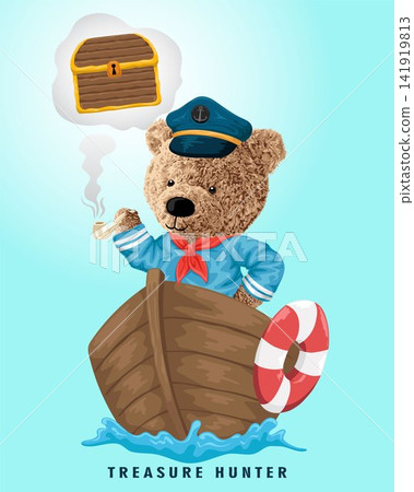 Vector illustration of bear doll in sailor costume on boat dreaming treasure chest Vector illustration of bear doll in sailor costume on boat dreaming treasure chest 141919813