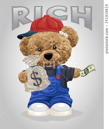 Vector illustration of funny bear doll holding money bag 141919814