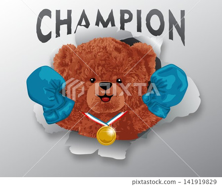 Vector illustration of teddy bear wearing boxing gloves with gold medal appearing from ripped paper 141919829