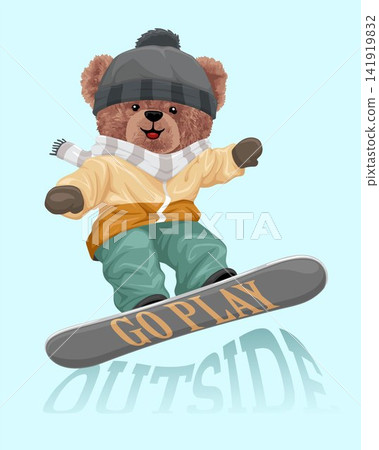 Vector illustration of teddy bear in winter clothing playing snowboard Vector illustration of teddy bear in winter clothing playing snowboard 141919832