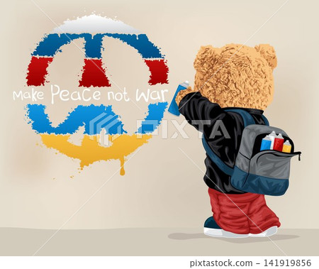 Vector illustration of teddy bear painting colorful peace symbol with spray paint Vector illustration of teddy bear painting colorful peace symbol with spray paint 141919856