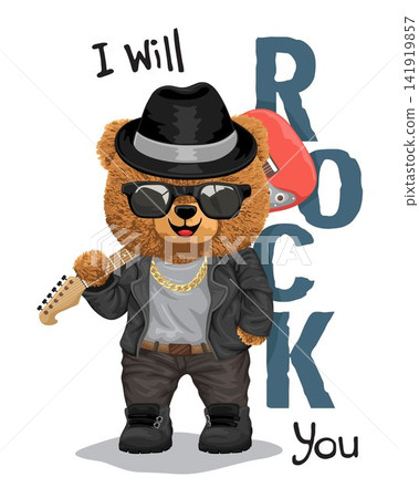 Vector illustration of teddy bear in rocker costume carrying electric guitar on its shoulder 141919857