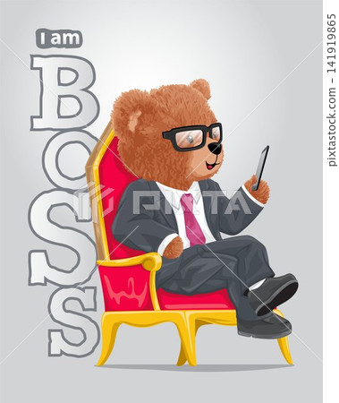 Vector illustration of teddy bear in suit sitting on throne while holding smartphone 141919865