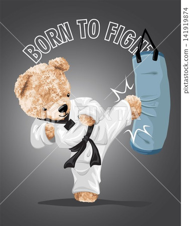 Hand drawn vector illustration of bear doll wearing karate costume kicking punching bag Hand drawn vector illustration of bear doll wearing karate costume kicking punching bag 141919874