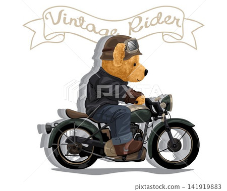 Hand drawn vector illustration of teddy bear riding motorcycle 141919883