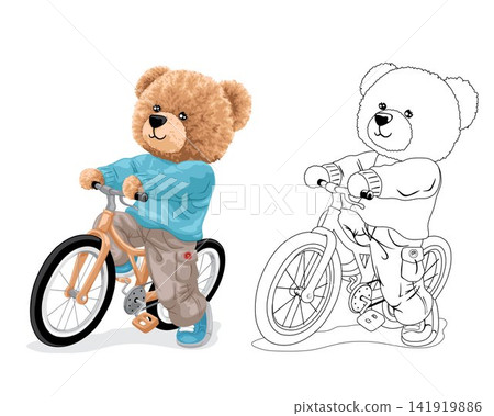 Hand drawn vector illustration of teddy bear with bicycle. Coloring book or page 141919886