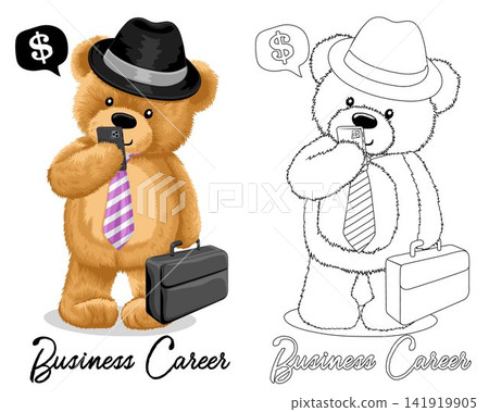 Hand drawn vector illustration of teddy bear wearing bowler hat and tie with suitcase holding cellular phone. Coloring book or page Hand drawn vector illustration of teddy bear wearing bowler hat and tie with suitcase holding cellular phone. Coloring book or page 141919905