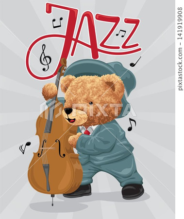 Hand drawn vector illustration of teddy bear playing double bass in jazz music show 141919908