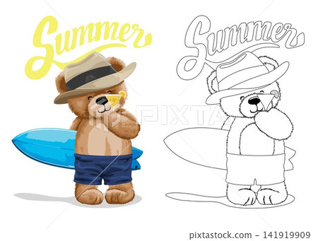 Hand drawn vector illustration of teddy bear holding cocktail with surfboard. Coloring book or page Hand drawn vector illustration of teddy bear holding cocktail with surfboard. Coloring book or page 141919909