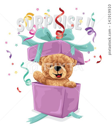 Hand drawn vector illustration of teddy bear appear from gift box Hand drawn vector illustration of teddy bear appear from gift box 141919910