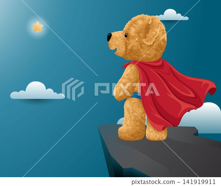 Hand drawn vector illustration of teddy bear superhero standing on cliff looking at golden star Hand drawn vector illustration of teddy bear superhero standing on cliff looking at golden star 141919911