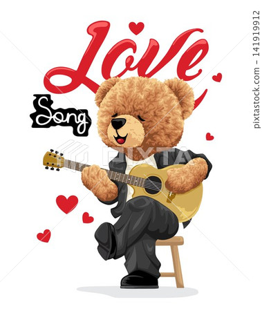 Hand drawn vector illustration of teddy bear sitting on chair while playing guitar and singing Hand drawn vector illustration of teddy bear sitting on chair while playing guitar and singing 141919912