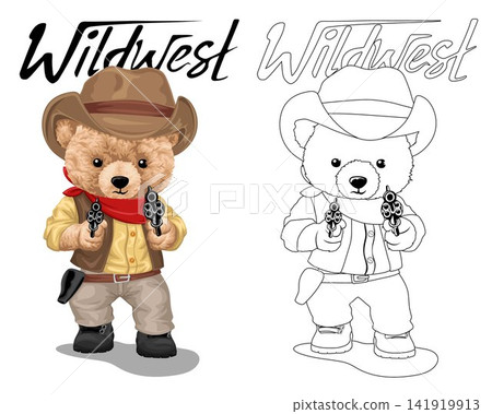 Hand drawn vector illustration of teddy bear in cowboy costume with gun. Coloring book or page Hand drawn vector illustration of teddy bear in cowboy costume with gun. Coloring book or page 141919913