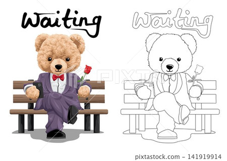 Vector illustration of teddy bear in suit sitting on bench while holding flower and smartphone. Coloring book or page Vector illustration of teddy bear in suit sitting on bench while holding flower and smartphone. Coloring book or page 141919914