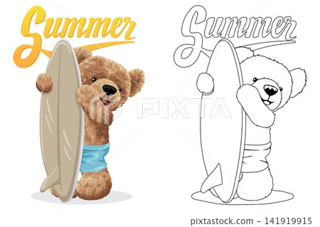 Hand drawn vector illustration of teddy bear with surfboard. Coloring book or page Hand drawn vector illustration of teddy bear with surfboard. Coloring book or page 141919915
