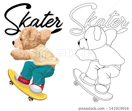 Hand drawn vector illustration of teddy bear playing skateboard. Coloring book or page Hand drawn vector illustration of teddy bear playing skateboard. Coloring book or page 141919916