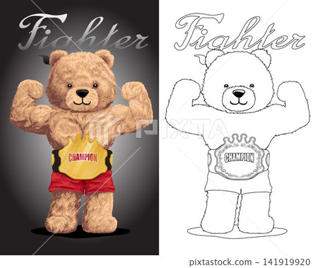 Hand drawn vector illustration of muscle teddy bear with mixed martial art champion belt Hand drawn vector illustration of muscle teddy bear with mixed martial art champion belt 141919920