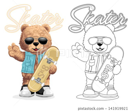 Hand drawn vector illustration of teddy bear wearing sunglasses and vest with skateboard Hand drawn vector illustration of teddy bear wearing sunglasses and vest with skateboard 141919921