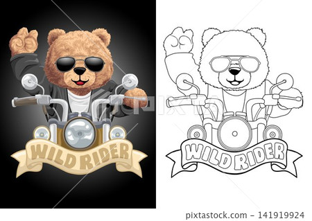 Hand drawn vector illustration of teddy bear on motorbike. Coloring book or page Hand drawn vector illustration of teddy bear on motorbike. Coloring book or page 141919924