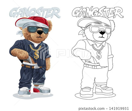 Hand drawn vector illustration of teddy bear gangster with gun. Coloring book or page 141919931