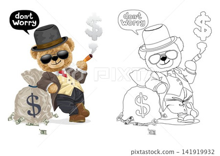 Hand drawn vector illustration of teddy bear in banker costume with money bag. Coloring book or page Hand drawn vector illustration of teddy bear in banker costume with money bag. Coloring book or page 141919932