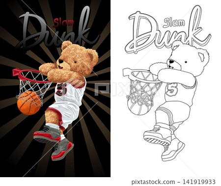 Hand drawn vector illustration of teddy bear playing basketball. Coloring book or page 141919933