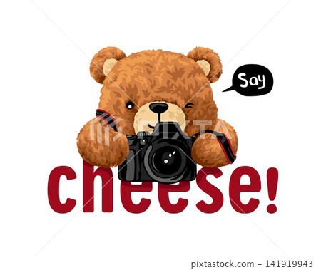 Hand drawn vector illustration of teddy bear with camera. 141919943