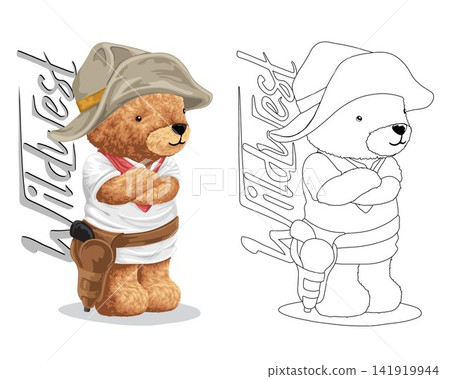 Hand drawn vector illustration of teddy bear in cowboy costume. Coloring book or page 141919944