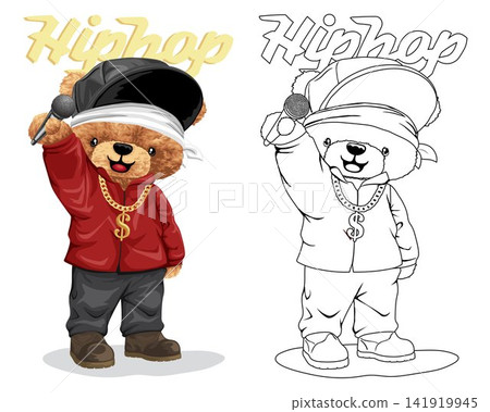 Hand drawn vector illustration of teddy bear in hip hop style holding microphone. Coloring book or page Hand drawn vector illustration of teddy bear in hip hop style holding microphone. Coloring book or page 141919945