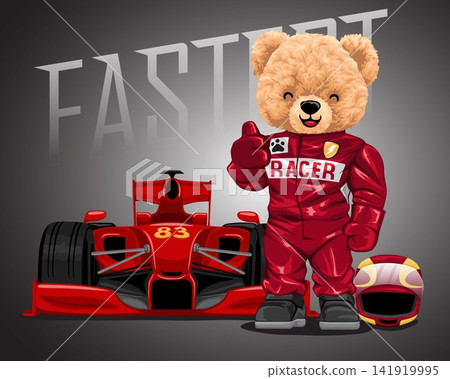 Hand drawn vector illustration of teddy bear in racer costume with racing car Hand drawn vector illustration of teddy bear in racer costume with racing car 141919995