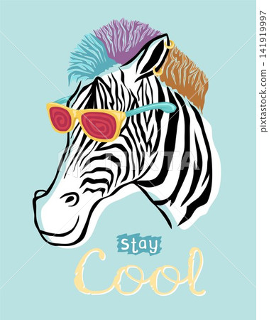 Hand drawn cool zebra cartoon with hair and colorful glasses Hand drawn cool zebra cartoon with hair and colorful glasses 141919997